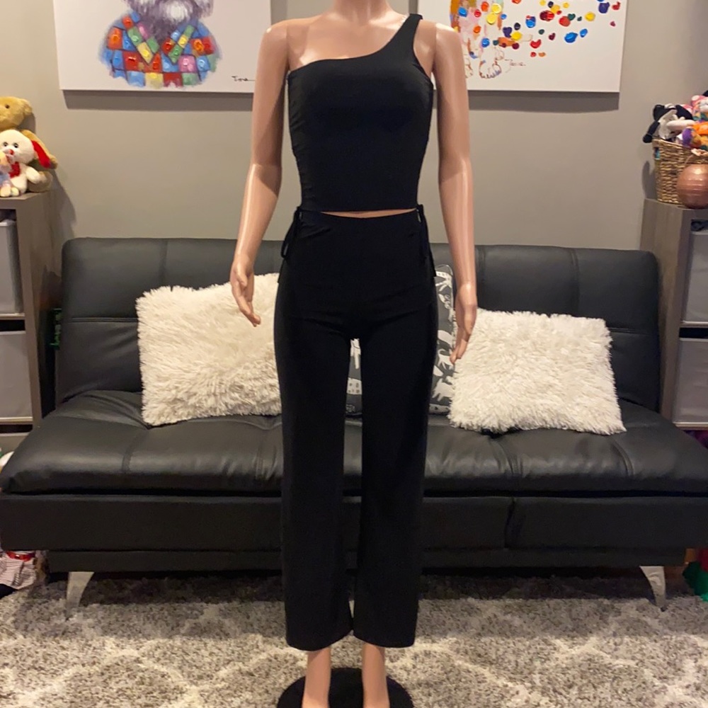 Two piece black one shoulder ruched flare pant set